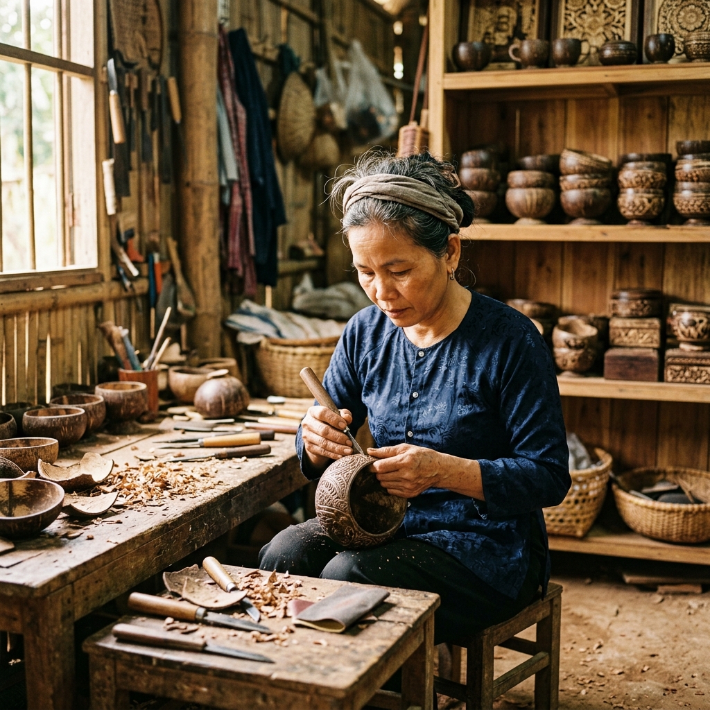 Quy trình sản xuất bát dừa thủ công tại xưởng Vhandy