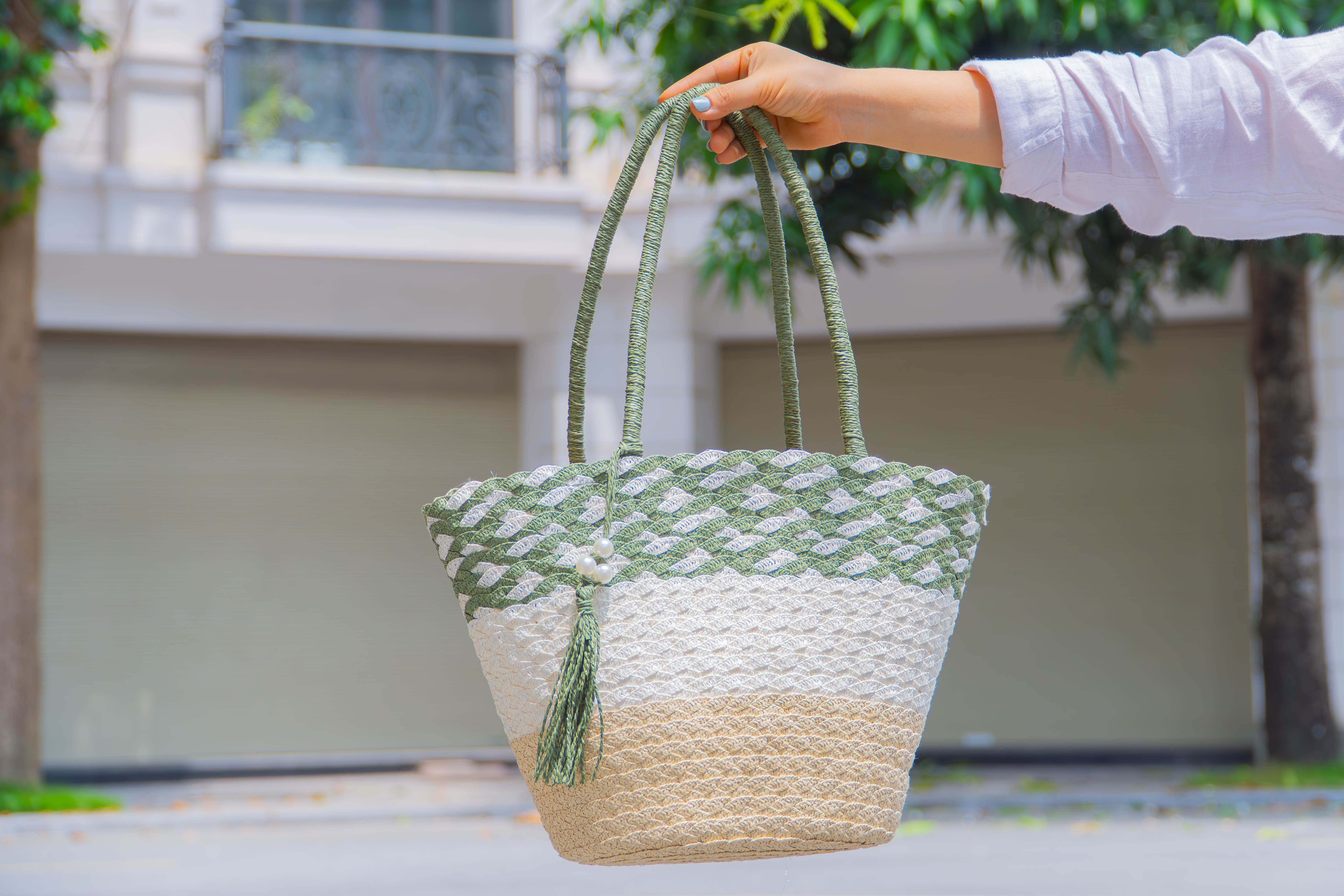 Túi cói đi biển tròn