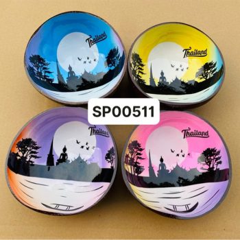 Bát dừa sơn mài hoàng hôn phật tháp màu