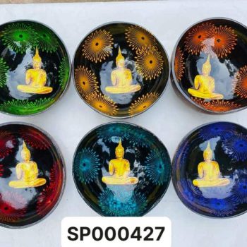 Bát dừa sơn mài Phật vàng nền hoa màu