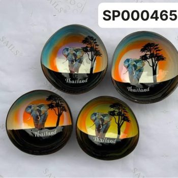 Bát dừa sơn mài hoàng hôn voi cây nhiều màu