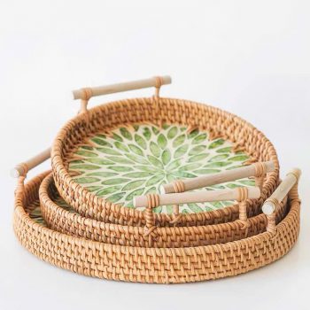 Khay Mây Tròn Khảm Trai có Tay Cầm Đựng Đồ Ăn - Khay Mây Guột Trang Trí Decor 3 kích thước