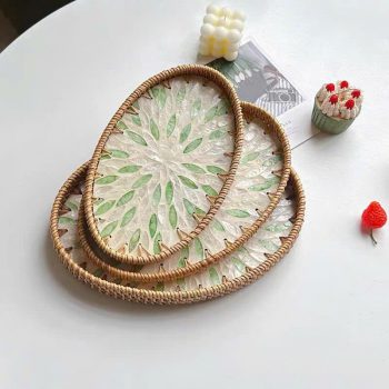 Set 3 khay mây khảm trai hình oval