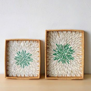 Set 2 khay vuông mây tre đan khảm trai